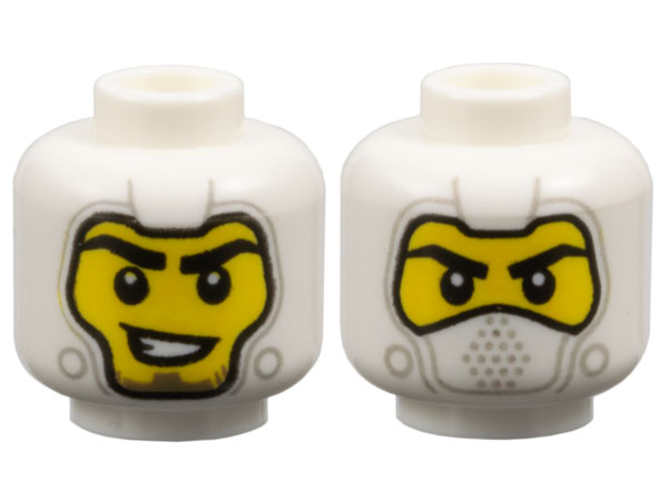 Minifigure, Head Dual Sided Balaclava with Light Bluish Gray Details, Yellow Face, Black Eyebrows, Lopsided Open Mouth Smile with Teeth / Covered Mouth Pattern