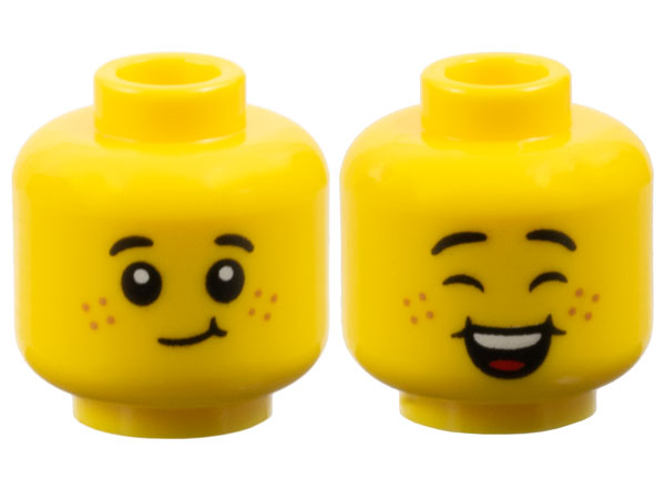 Minifigure, Head Dual Sided Child Black Small Eyebrows, Medium Nougat Freckles, Lopsided Grin with Dimple / Closed Eyes and Open Mouth Smile with Dimples, Top Teeth and Red Tongue Pattern