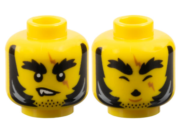 Minifigure, Head Dual Sided Black Bushy Thick Eyebrows, Stubble and Mutton Chops with Light Bluish Gray Highlights, Medium Nougat Zig Zag Scar, Lopsided Grin with Fang / Howling with Closed Eyes and Chin Dimple Pattern