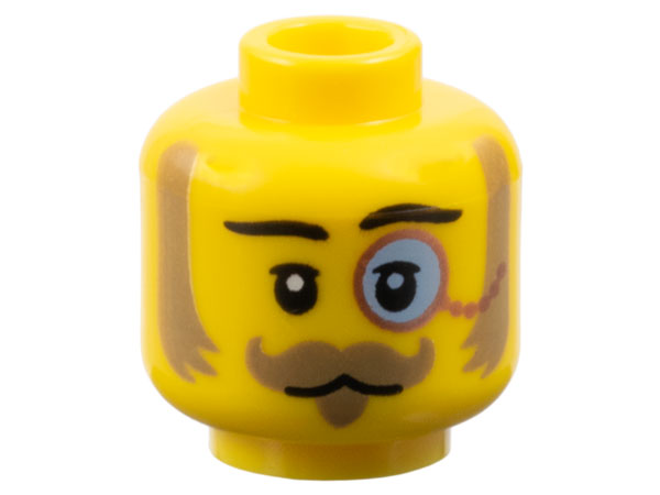Minifigure, Head Black Eyebrows, Upper Eyelids, Dark Tan Mutton Chops, Curled Moustache and Soul Patch, Copper Monocle with Bright Light Blue Lens, Neutral Pattern