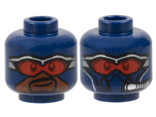 Minifigure, Head Dual Sided Balaclava, Red and Dark Red Goggles, Silver Frames, Reddish Brown Face with Grin / Covered with Air Tube Pattern