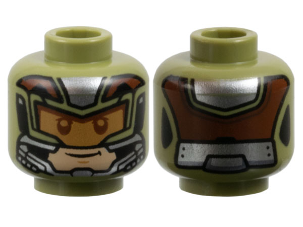Minifigure, Head Armor, Medium Nougat Visor, Light Nougat Face with Grin, Silver and Reddish Brown Trim Pattern
