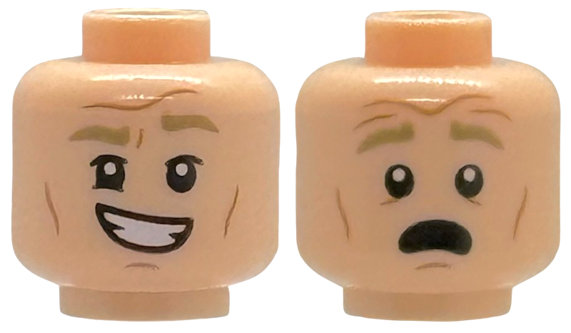 Minifigure, Head Dual Sided Dark Tan Eyebrows, Medium Nougat Cheek Lines, Chin Dimple and Forehead Creases, Lopsided Open Mouth Smile with Teeth / Scared Pattern