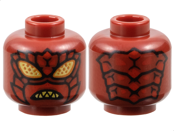 Minifigure, Head Alien Insect with Gold Eyes with Dark Orange Dots, Exoskeleton Segments and Mandibles with Red Spikes, Angry Bared Sharp Teeth Pattern