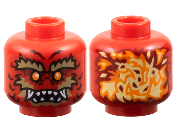 Minifigure, Head Alien Dragon with Orange Eyes, Dark Red Eye Shadow, Dark Tan Bushy Eyebrows, Cheeks and Chin, Scales, Nostrils, Open Mouth with Sharp Teeth Parted and Fangs, Bright Light Yellow Flames on Back Pattern