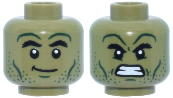 Minifigure, Head Dual Sided Black Bushy Eyebrows, Dark Green Chin Dimple, Cheek Lines, Stubble and Wrinkles, Lopsided Grin / Angry Bared Teeth Pattern