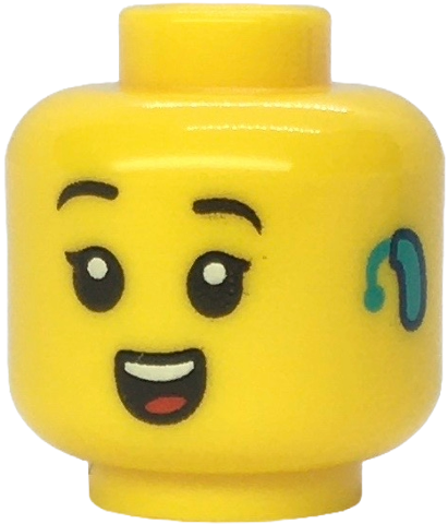 Minifigure, Head Child Female Black Raised Eyebrows, Single Eyelashes, Dark Turquoise Hearing Aid on Left, Open Mouth Smile with Top Teeth and Red Tongue Pattern