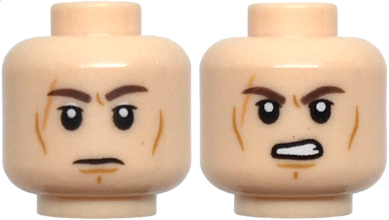 Minifigure, Head Dual Sided Dark Brown Eyebrows, Upper Eyelids, Nougat Scar, Medium Nougat Cheek Lines and Chin Dimple, Neutral / Angry Open Mouth Scowl with Teeth Pattern