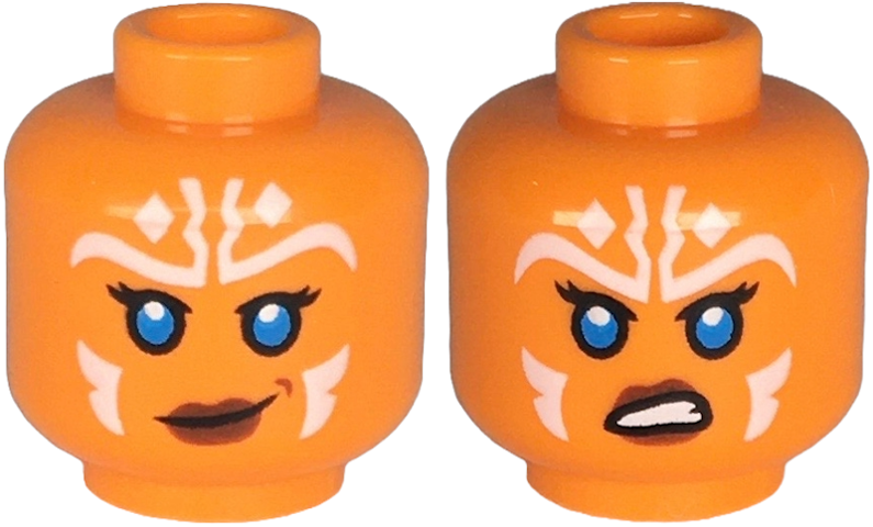 Minifigure, Head Dual Sided Alien Female SW Togruta with Black Eyelashes, Dark Azure Eyes, Reddish Brown Lips, White Markings, Smirk with Dimple / Angry Open Mouth Scowl with Teeth Pattern