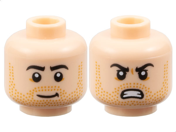 Minifigure, Head Dual Sided Black Eyebrows, Medium Nougat Beard Stubble, Slightly Lopsided Grin / Angry Bared Teeth and Upper Eyelids Pattern