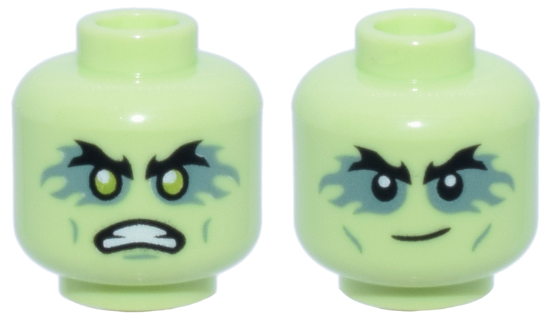 Minifigure, Head Dual Sided Alien with Black Bushy Eyebrows, Sand Green Eye Flames and Small Cheek Lines, Angry Bared Teeth, Chin Dimple and Lime Eyes / Smirk Pattern