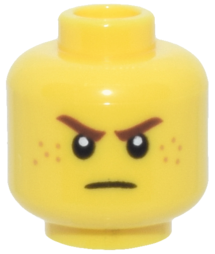 Minifigure, Head Reddish Brown Eyebrows, Nougat Freckles, Angry Scowl Pattern
