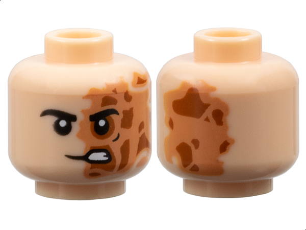 Minifigure, Head Black Eyebrows, Nougat and Dark Orange Burned and Scarred Left Side, Lopsided Open Mouth Scowl with Teeth Pattern