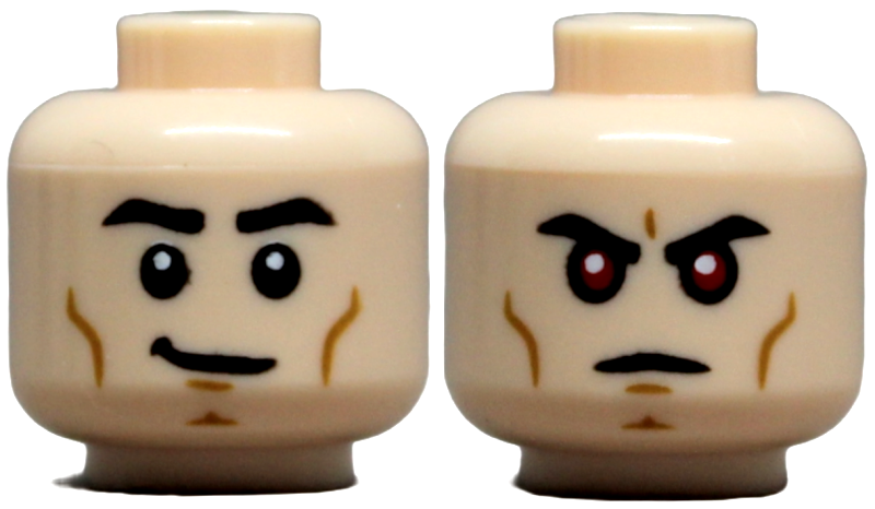 Minifigure, Head Dual Sided Black Eyebrows, Medium Nougat Cheek Lines and Chin Dimple, Smirk / Stern with Red Eyes Pattern