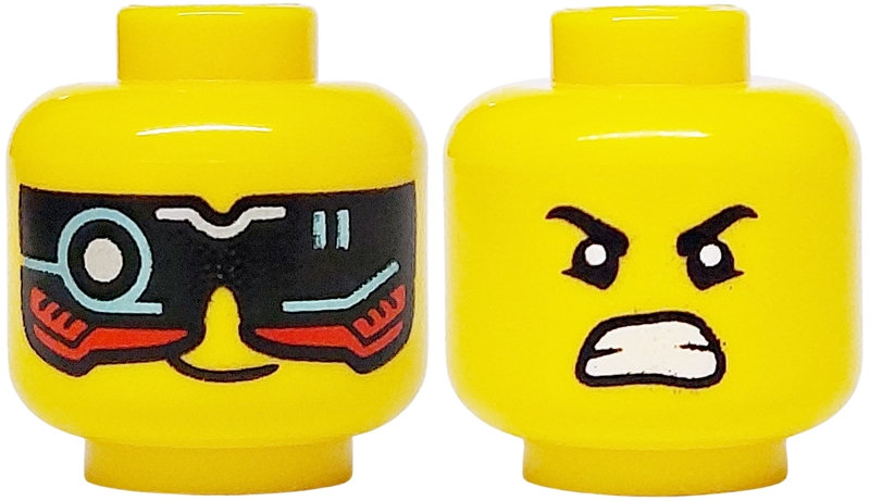 Minifigure, Head Dual Sided Black and Red Visor with Silver and Metallic Light Blue Circuitry, Lopsided Grin / Eyebrows, Bottom Eyelids, Angry Bared Teeth Pattern