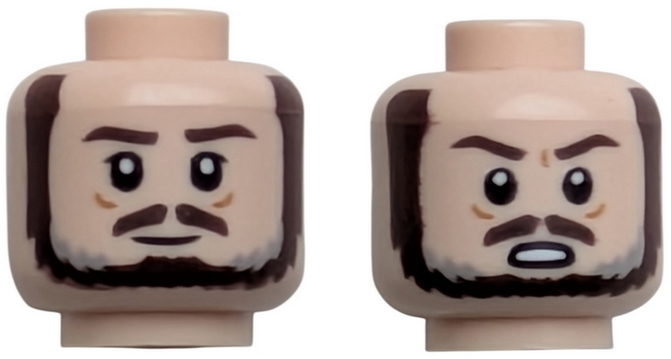 Minifigure, Head Dual Sided Dark Brown Eyebrows, Moustache and Beard with Light Bluish Gray Highlights, Grin / Angry Open Mouth with Teeth Pattern