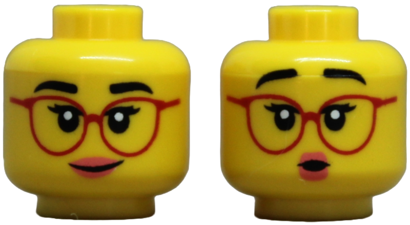 Minifigure, Head Dual Sided Female Black Eyebrows, Double Eyelashes, Red Glasses, Coral Lips, Lopsided Grin / Surprised Open Mouth Pattern