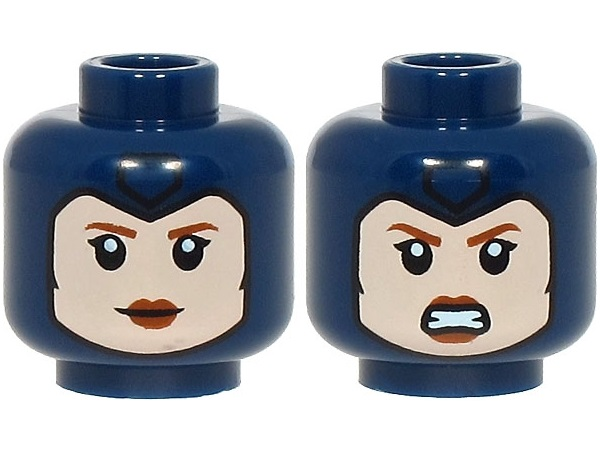 Minifigure, Head Dual Sided Female Balaclava with Black Pentagon over Light Nougat Face with Dark Orange Eyebrows and Lips, Single Eyelashes, Slight Grin / Angry Bared Teeth Pattern