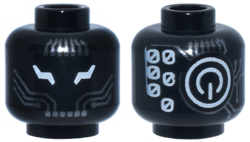 Minifigure, Head Alien Robot with White Lightning Bolt Eyes, Dark Silver Circuitry, Power Button Logo and Number 0 Repeating on Back Pattern