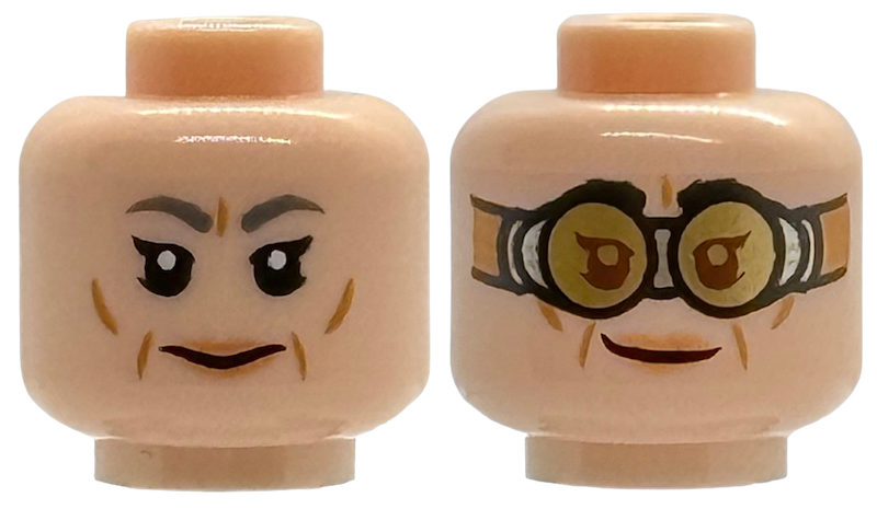 Minifigure, Head Dual Sided Female Dark Bluish Gray Eyebrows, Single Eyelashes, Lower Eyelids, Medium Nougat Cheek and Jowl Lines, Nougat Lips, Stern / Lopsided Grin, Silver Goggles with Gold Lenses, Reddish Brown Eyes Pattern