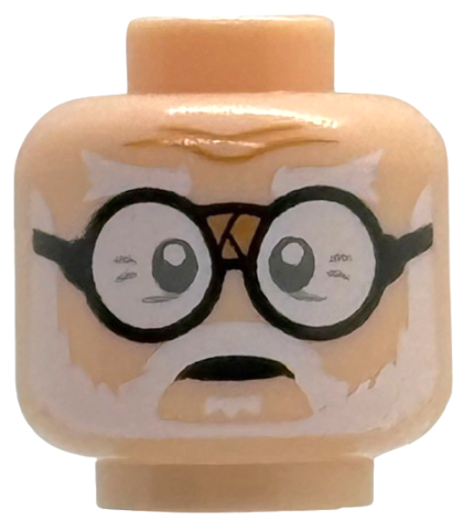 Minifigure, Head White Bushy Eyebrows, Moustache, Beard and Soul Patch, Dark Bluish Gray Eyes, Black Round Glasses with Tape on Bridge, Medium Nougat Forehead Creases, Neutral Pattern
