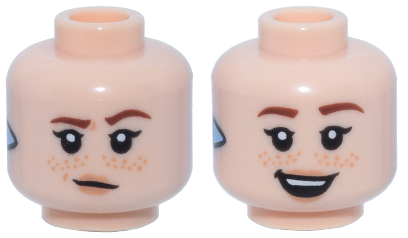 Minifigure, Head Dual Sided Female Reddish Brown Eyebrows, Nougat Lips, Freckles, Silver Triangle (Focus), Lopsided Closed Mouth / Open Mouth Smile with Top Teeth Pattern