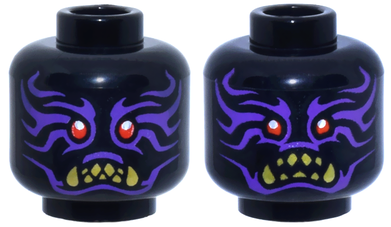 Minifigure, Head Dual Sided Alien Dark Purple Markings, Red Eyes, Gold Fangs, Clenched Teeth / Fierce with Open Mouth Pattern