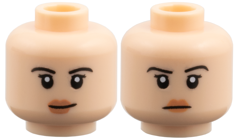 Minifigure, Head Dual Sided Female Black Eyebrows and Double Eyelashes, Nougat Lips, Slight Lopsided Grin / Stern Pattern