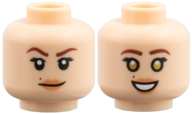 Minifigure, Head Dual Sided Female Reddish Brown Eyebrows, Black Long Eyelashes, Beauty Mark, Nougat Lips, Lopsided Grin / Open Mouth Smile with Teeth and Gold Eyes Pattern