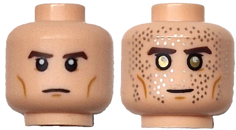 Minifigure, Head Dual Sided Dark Brown Eyebrows, Medium Nougat Cheek Lines, Chin Dimple, Stern / Slight Grin with Gold Eyes and Silver Sparkles Pattern
