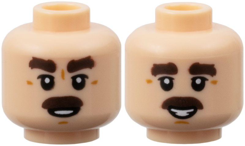 Minifigure, Head Dual Sided Dark Brown Thick Eyebrows and Moustache, Upper Eyelids, Medium Nougat Chin Dimple and Wrinkles, Open Mouth with Teeth, Grin / Smile Pattern