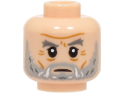 Minifigure, Head Dark Bluish Gray Eyebrows, Light Bluish Gray Moustache and Beard with White Highlights, Medium Nougat Cheek Lines and Wrinkles, Stern Pattern