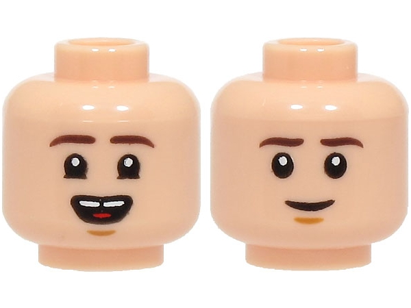 Minifigure, Head Dual Sided Dark Brown Eyebrows, Medium Nougat Chin Dimple, Open Mouth Smile with Top Teeth with Gap and Red Tongue / Grin Pattern