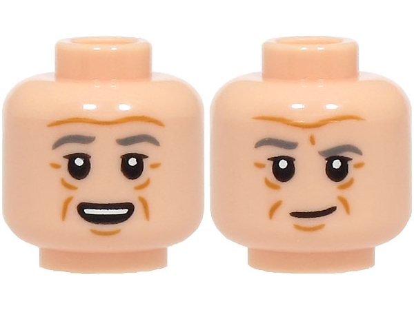 Minifigure, Head Dual Sided Dark Bluish Gray Eyebrows, Medium Nougat Wrinkles and Chin Dimple, Open Mouth Smile with Top Teeth / Lopsided Grin Pattern