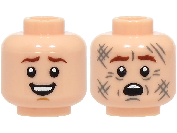 Minifigure, Head Dual Sided Reddish Brown Eyebrows, Medium Nougat Chin Dimple, Open Mouth Smile with Top Teeth / Scared with Dark Bluish Gray Scuff Marks Pattern