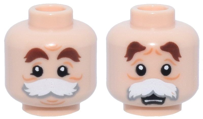Minifigure, Head Dual Sided Reddish Brown Bushy Eyebrows, Medium Nougat Wrinkles, White and Light Bluish Gray Moustache, Neutral / Surprised Open Mouth with Teeth Pattern