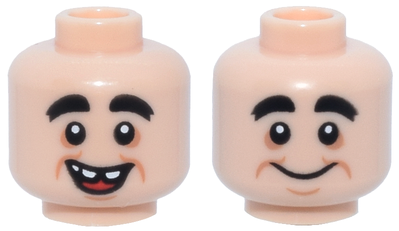 Minifigure, Head Dual Sided Black Thick Eyebrows, Medium Nougat Eye Shadow, Jowl Lines and Chin Dimple, Open Mouth Smile with Teeth and Red Tongue / Grin Pattern