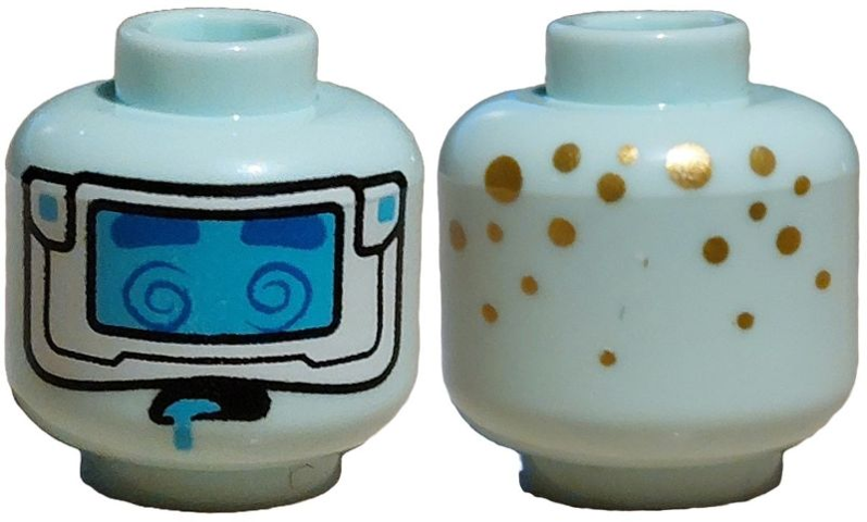 Minifigure, Head Alien Blue Thick Eyebrows and Eye Spirals, White Visor with Medium Azure Lens, Tongue, Gold Dots on Back Pattern