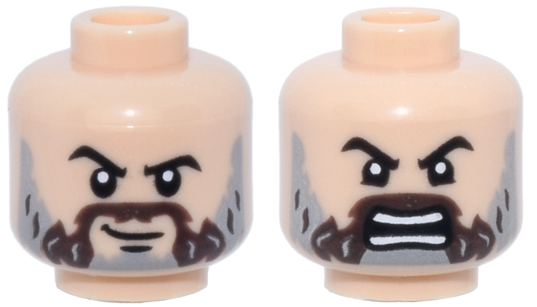 Minifigure, Head Dual Sided Black Eyebrows, Dark Brown Moustache, Light Bluish Gray Full Beard, Chin Dimple, Crooked Lopsided Grin / Angry Open Mouth with Teeth Parted Pattern