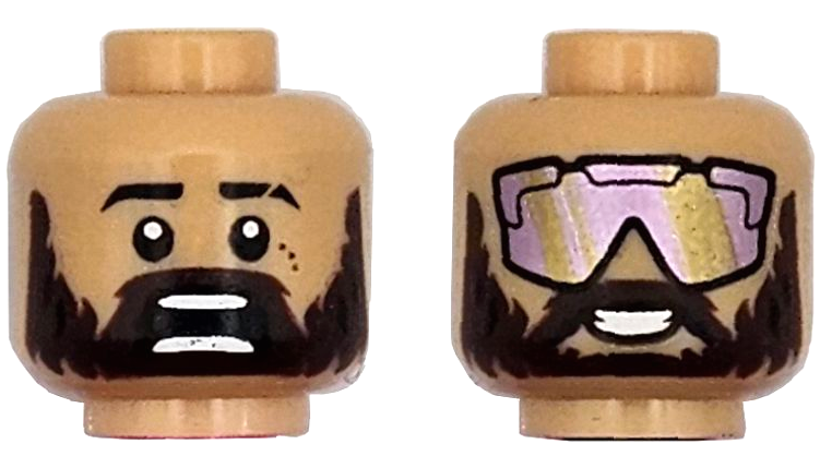 Minifigure, Head Dual Sided Black Eyebrows, Scar, Dark Brown Moustache, Full Beard, Scared Open Mouth with Teeth Parted / Open Mouth Smile, Metallic Pink and Gold Sunglasses Pattern