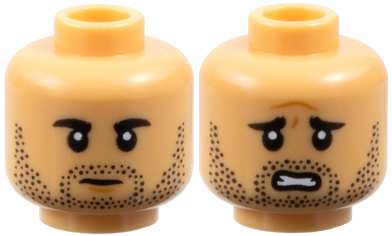 Minifigure, Head Dual Sided Black Eyebrows, Moustache, Stubble, Medium Nougat Chin Dimple, Stern / Worried Open Mouth with Teeth and Forehead Crease Pattern