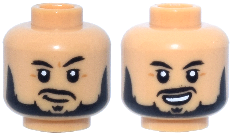 Minifigure, Head Dual Sided Black Eyebrows, Moustache, Beard and Soul Patch, Medium Nougat Dimples, Smirk / Lopsided Open Mouth Smile with Top Teeth Pattern