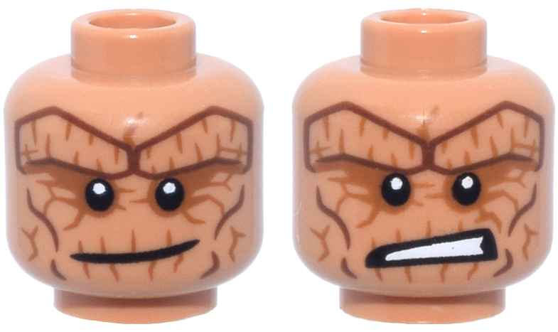 Minifigure, Head Dual Sided Alien Reddish Brown Thick Rock Eyebrows and Cheek Lines, Dark Orange Eye Shadow and Cracks, Lopsided Grin / Scared Open Mouth with Teeth Pattern