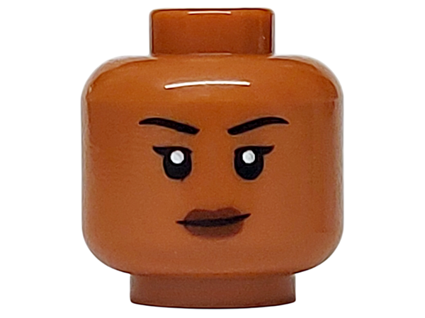 Minifigure, Head Female Black Thin Eyebrows, Single Eyelashes, Reddish Brown Lips, Neutral Pattern
