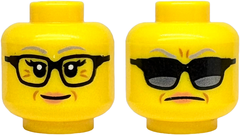 Minifigure, Head Dual Sided Female Light Bluish Gray Eyebrows, Black Glasses, Medium Nougat Wrinkles, Nougat Lips, Grin / Sunglasses and Frown Pattern