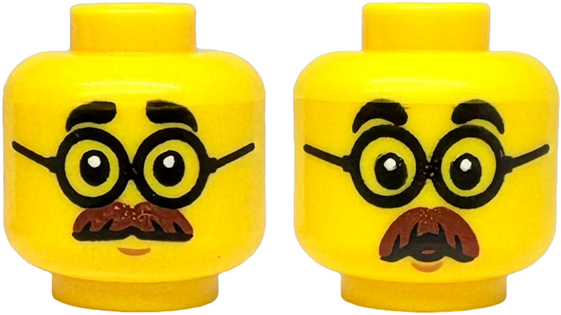 Minifigure, Head Dual Sided Black Thick Eyebrows, Round Glasses, Reddish Brown Moustache, Medium Nougat Chin Dimple, Neutral / Surprised Open Mouth Pattern
