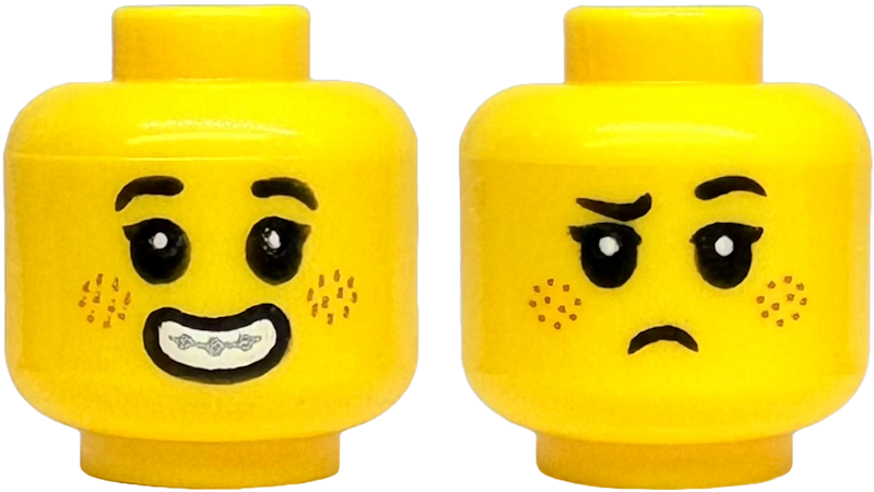 Minifigure, Head Dual Sided Child Black Eyebrows and Eyelashes, Medium Nougat Freckles, Open Mouth Smile with Teeth and Silver Braces / Frown Pattern