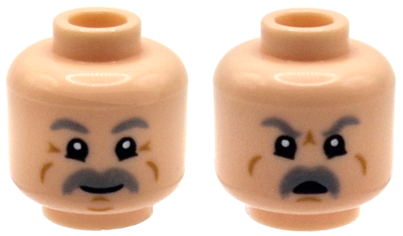 Minifigure, Head Dual Sided Light Bluish Gray Eyebrows and Thick Moustache, Medium Nougat Wrinkles and Cheek Lines, Grin / Angry Open Mouth Pattern