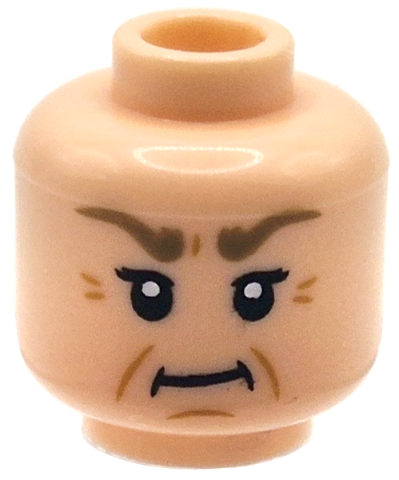 Minifigure, Head Female Dark Tan Thick Eyebrows, Double Eyelashes, Medium Nougat Wrinkles and Dimples, Stern Pattern