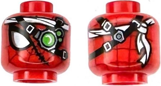 Minifigure, Head Alien with Spider-Man Dark Red Webbing, Large White and Silver Eye, Cyborg Eyepiece with Bright Green Lens, Black Straps, Stitches, Bandana Pattern
